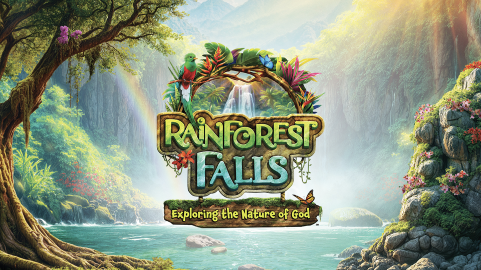 Colorful rainforest scene with a glowing logo reading 'Rainforest Falls: Exploring the Nature of God' centered over a waterfall and lush vegetation.